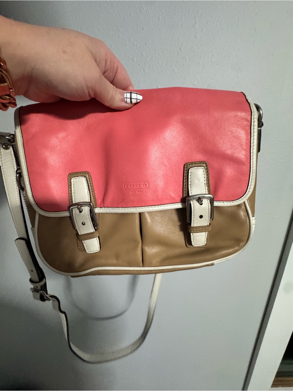 Coach Colorblock Leather Crossbody in Coral, Tan & White